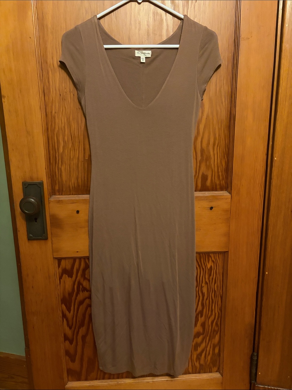 See You Monday Taupe V-Neck Cap-Sleeve Midi Dress